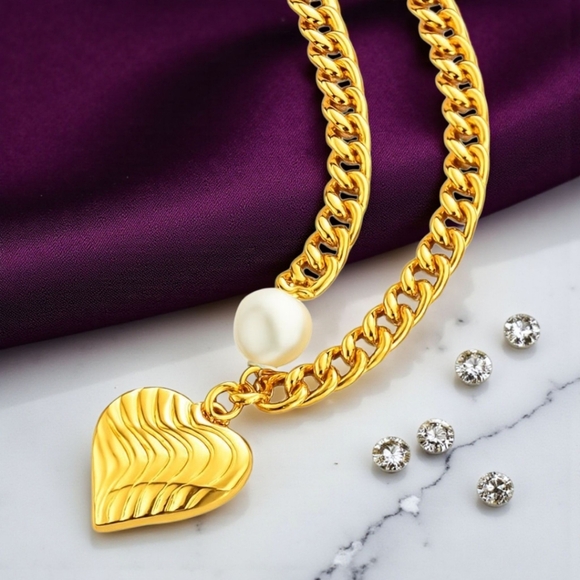 Cuban Chain Trendy Necklace Pearl Accent 18K Gold-Plated Stainless Steel - Picture 8 of 11